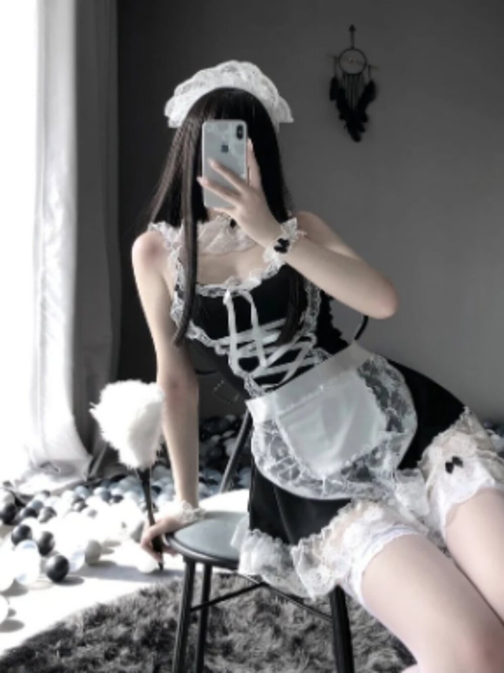 NWT Black Lace French Maid Cosplay Mini Dress Costume Set